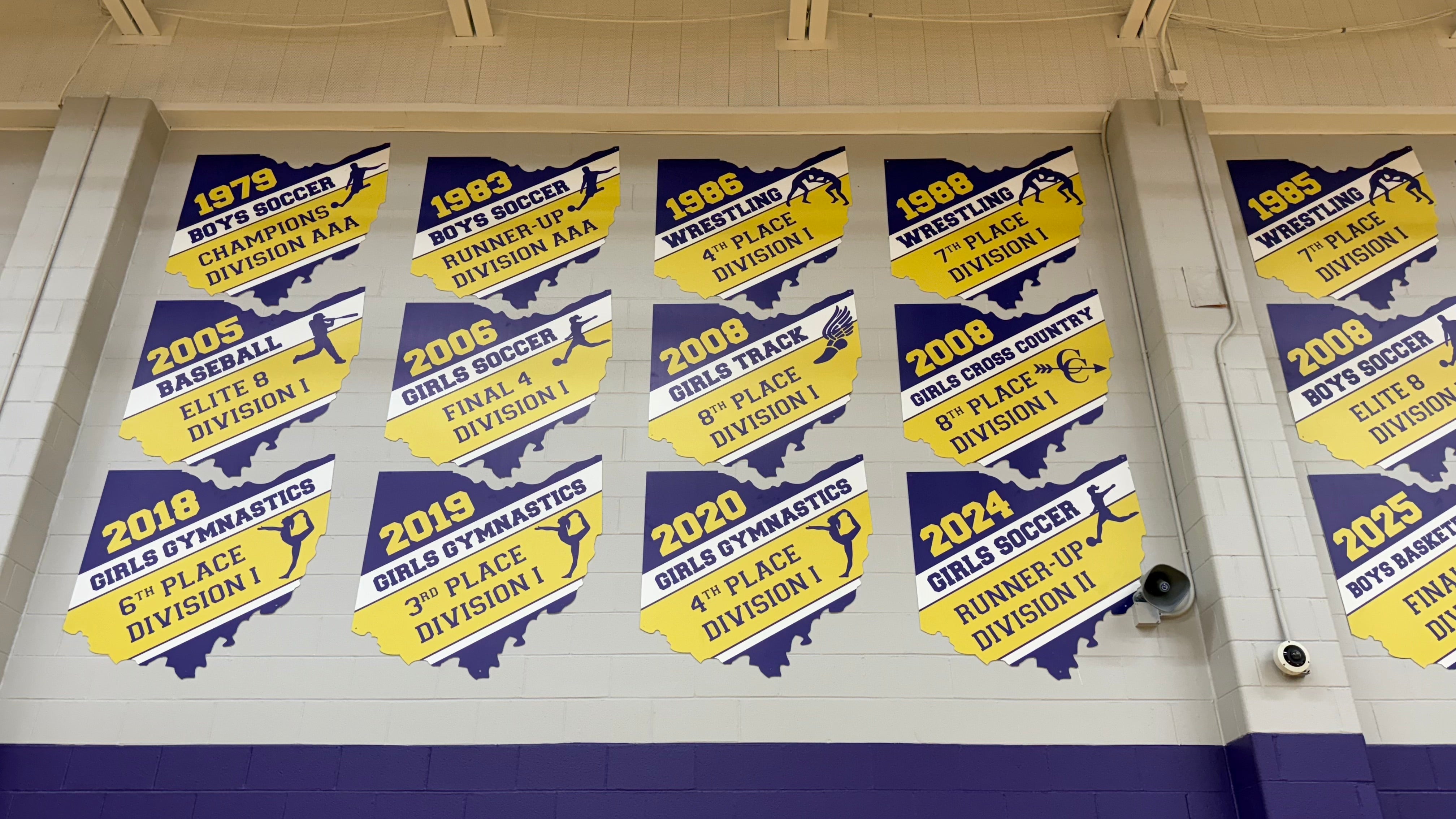 Custom PVC Sintra State Championship signs cut into the shape of Ohio for North Royalton High School