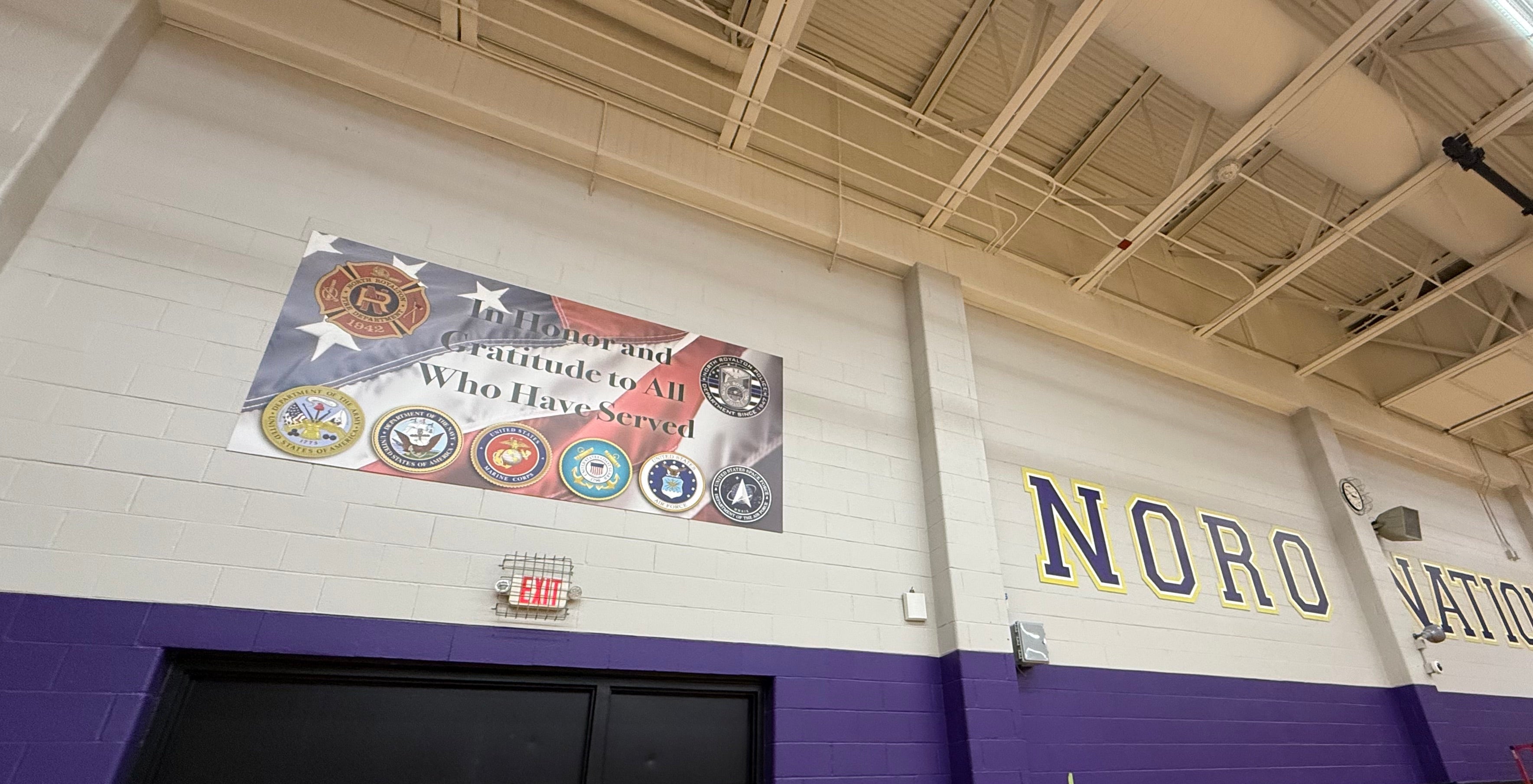 Printed Military graphic on a 3mm 5' x10' sheet of PVC Sintra and cut-out letters "NORO NATION" out of 6mm PVC Sintra at North Royalton HS, in North Royalton, OH