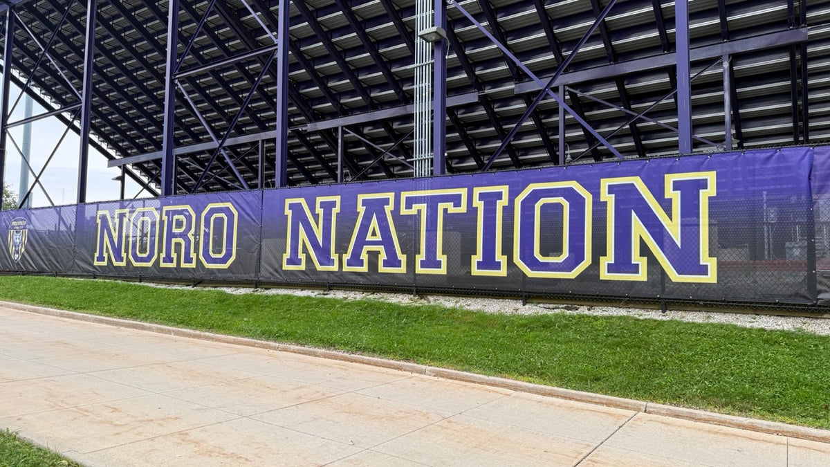 Athletic fence mesh banner stadium windscreen for high school and college sports fields with white or black backing