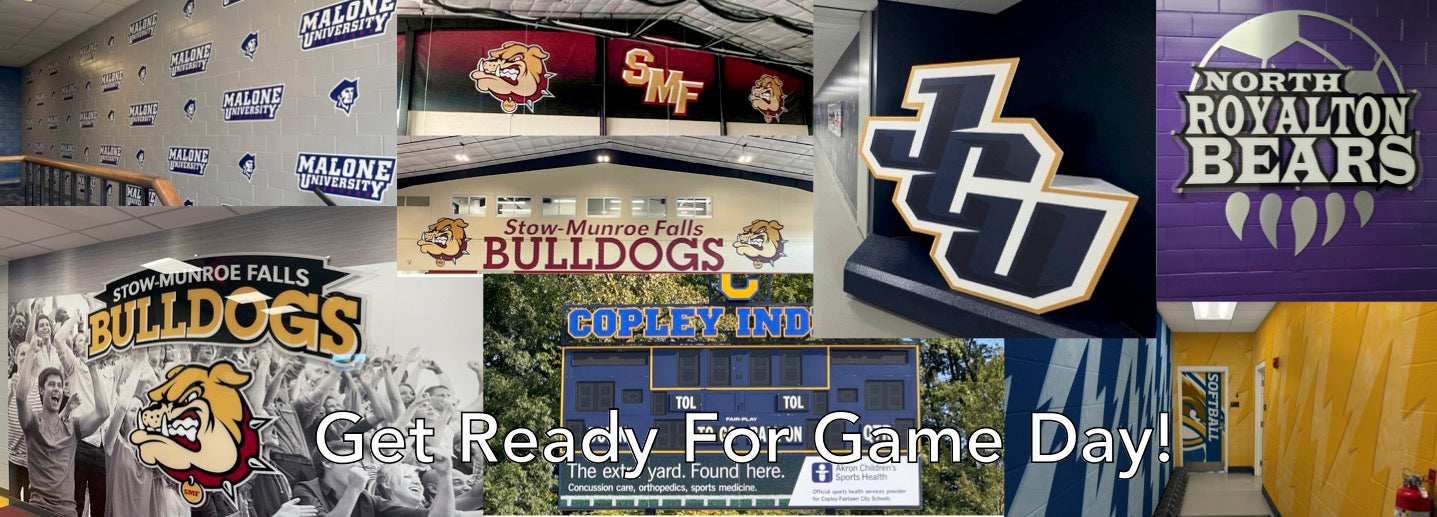 Mural of various High School and College Graphics and display solutions  like smooth wall graphics, DiBond Printed Graphics, Clear Acrylic Graphics, 3D Foam Displays, BrickWrap Graphics, and Backlit Sticker Scoreboard Graphics. Locations are Stow HS, Kent State University, John Carroll University, North Royalton HS, Malone University, and Copley HS in Ohio