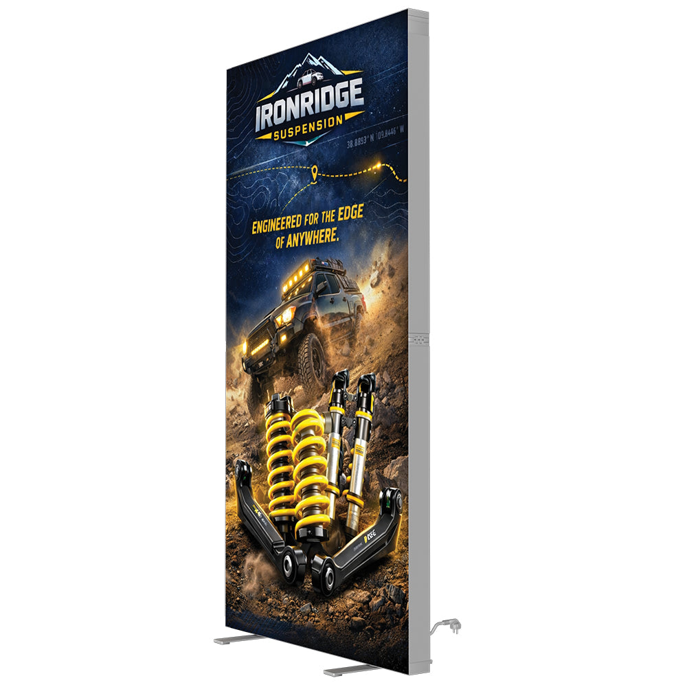 Freestanding 79-inch tall Versalume collapsible LED lightbox with custom SEG graphic on a silver aluminum frame.